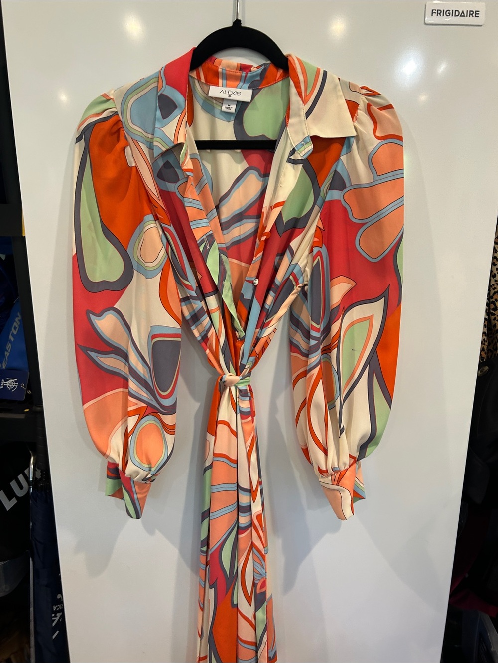 Alexis Multicolor Abstract Tie-Front long dress Puff Sleeves and fabric buttons
